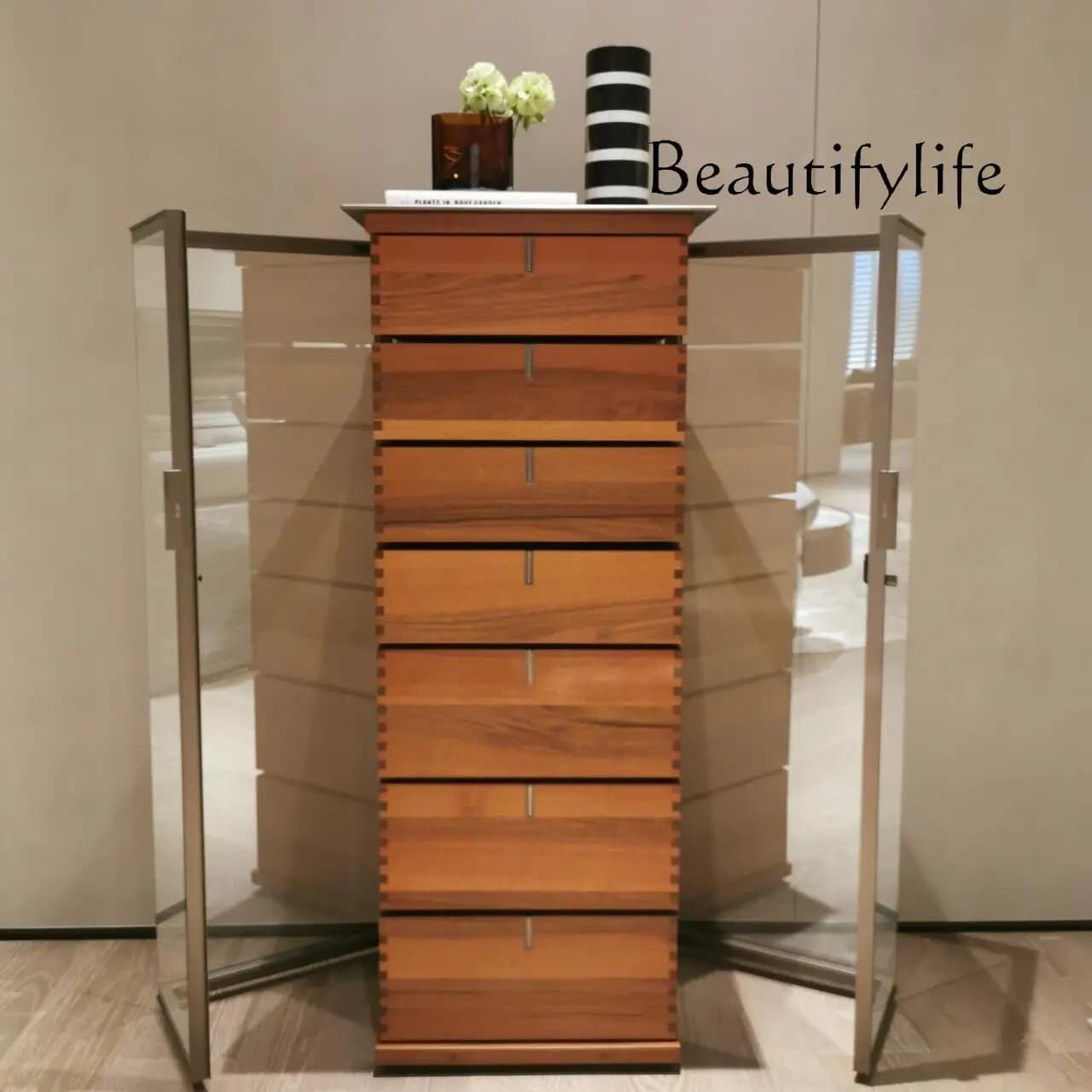 Armadietto italiano minimalista a sette cassetti in noce, armadietto per vino in legno massello di vetro temperato, cassettiera per mobili di fascia alta