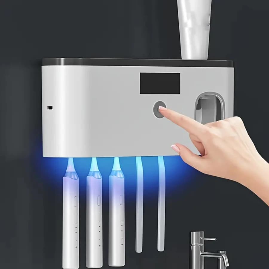 1 Smart Toothbrush Sterilizer, Toothbrush Storage Rack with 5 Brush Slots, Toothpaste Dispenser, Wall Mounted Holder