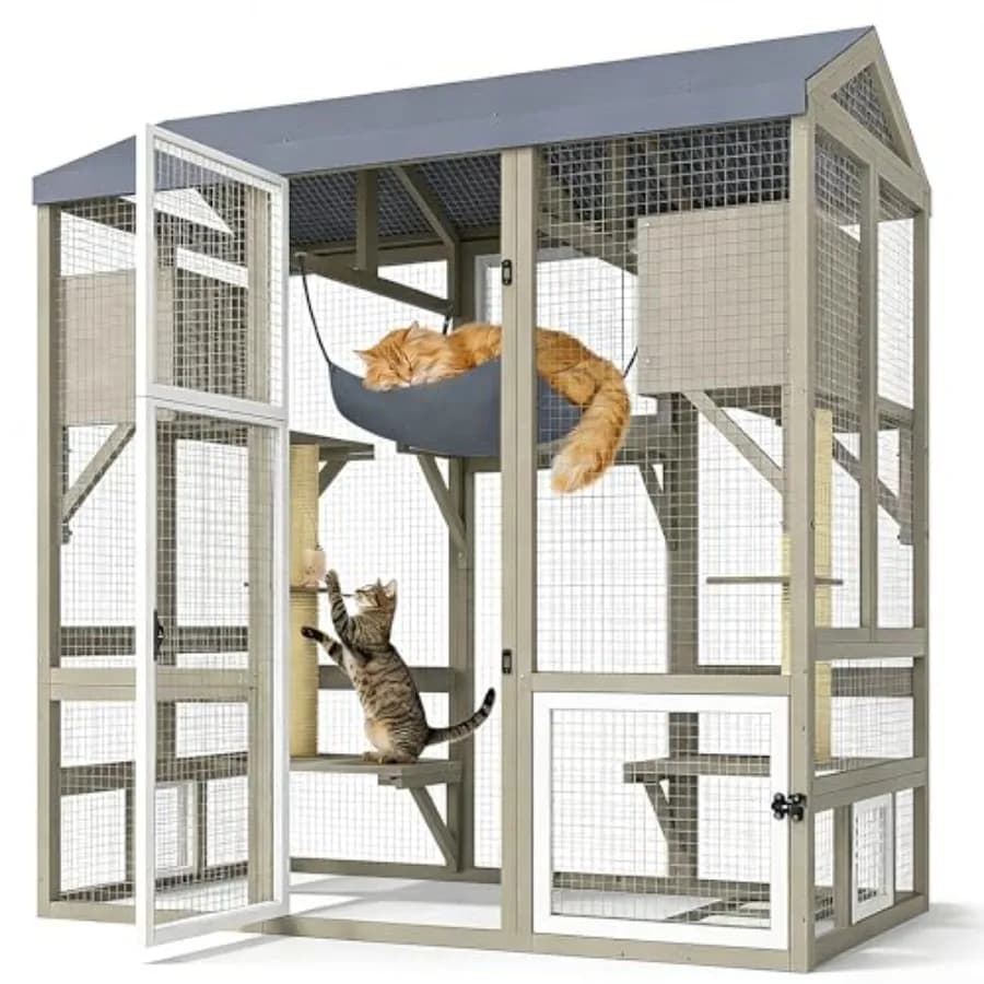 Catio per Gatti da Esterno a 4 Piani, Grande Cuccia per Gatti da Interno ed Esterno, Patio in Legno per Gatti con Area Riposo