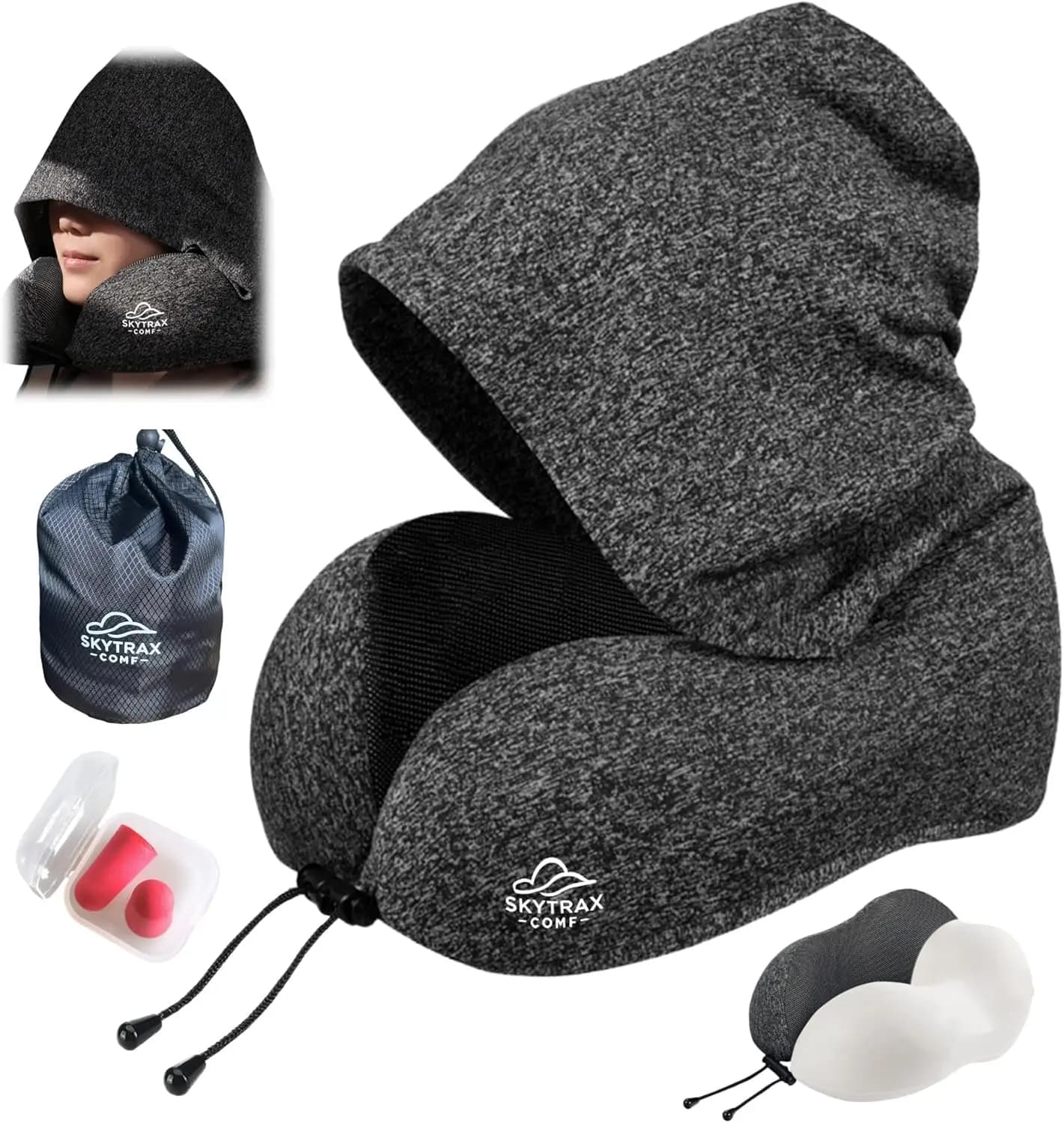 Cuscino da Viaggio in Memory Foam con Cappuccio per Voli Aerei, Supporto per il Collo per Ufficio e Auto, Grigio