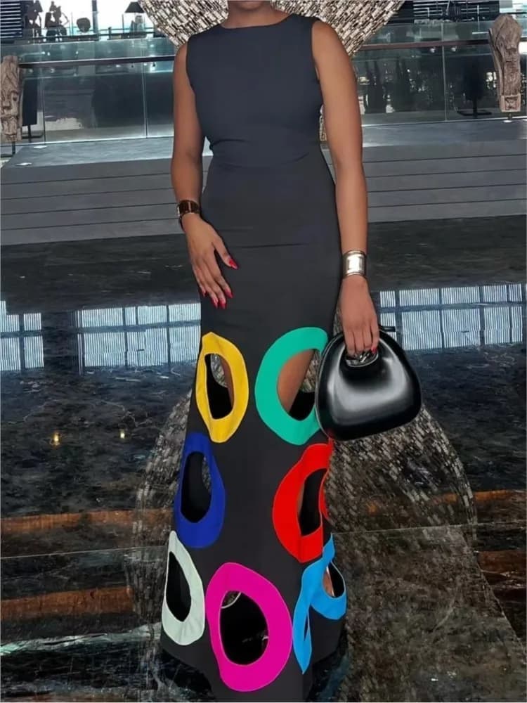 Abito alla moda senza maniche con scollo a O per donna Elegante primavera estate Slim Fit Posizionamento cavo Stampa Abiti casual Donna