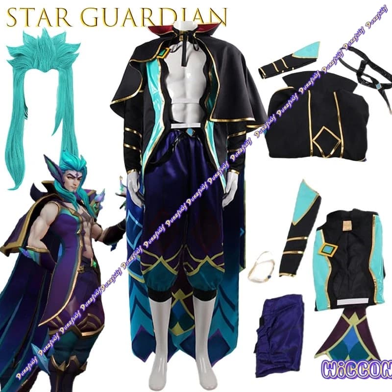 Costume cosplay da uomo verde The Guarder of Star Rakan Top Pantaloni Mantello Uniforme quotidiana per feste di Halloween