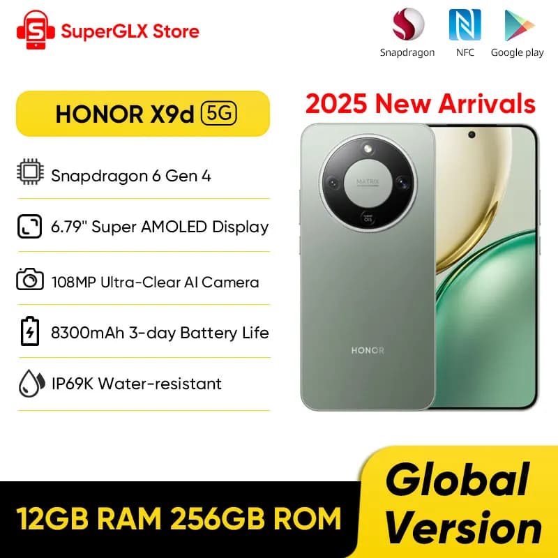 Global Version HONOR X9d 5G Smartphone 6.79" Anti-drop 120Hz AMOLED Screen 108MP Dual AI Cameras 8300mAh Battery 66W NFC IP69K
