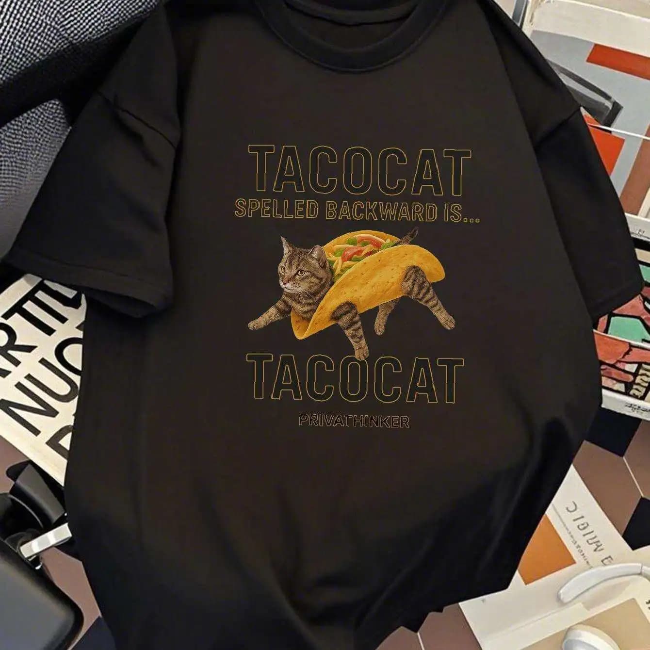 PRIVATHINKER T-shirt grafica divertente Taco Cat da uomo - Stampa Taco & Cat, design divertente di Wordplay spagnolo per magliette casual estive