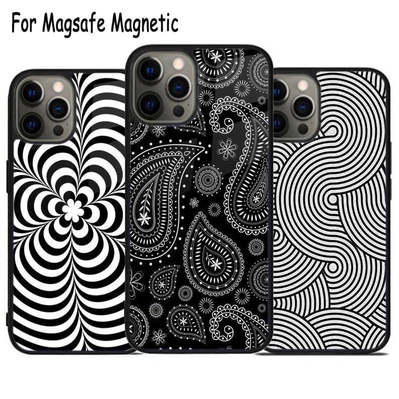 Cover Magnetica Nera con Stampa a Onde per iPhone 17 Air 15 16 16e 14 13 11 12 Pro Max Plus, Compatibile con MagSafe