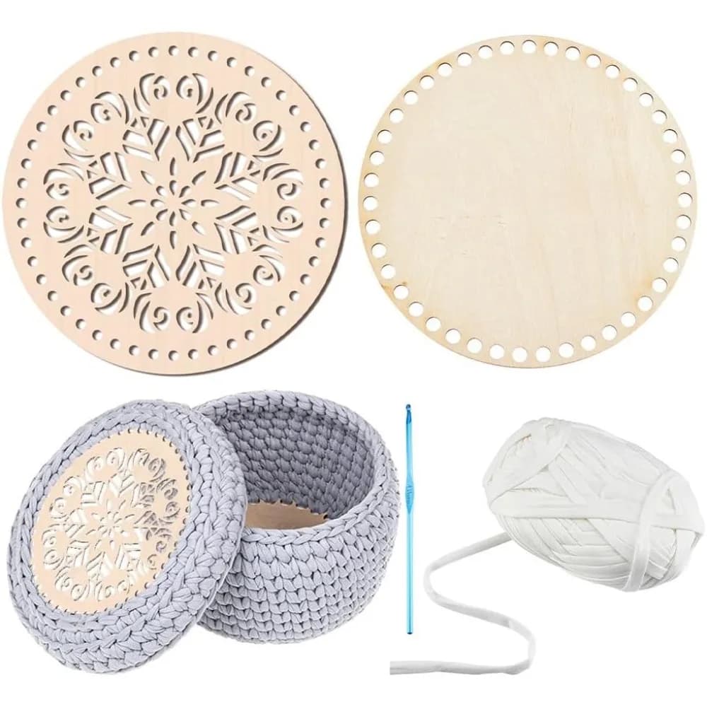 Crochet Basket Kit - 2 Styles Wooden Base 40 Yards Yarn 1pc 4mm Hook for DIY Basket Weaving