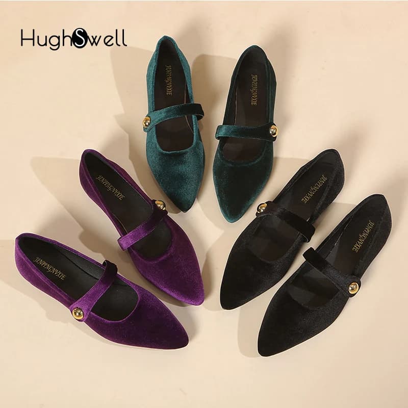 Eleganti ballerine in velluto da donna Scarpe Mary Jane in velluto di lusso da donna Mocassini con cinturino con fibbia a punta in viola verde