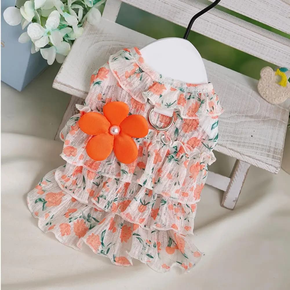 Breathable Dog Dress Floral Print Pet Dress with Pearl Metal Leash Ring Lightweight Puppy Skirt Breathable Spring for Small