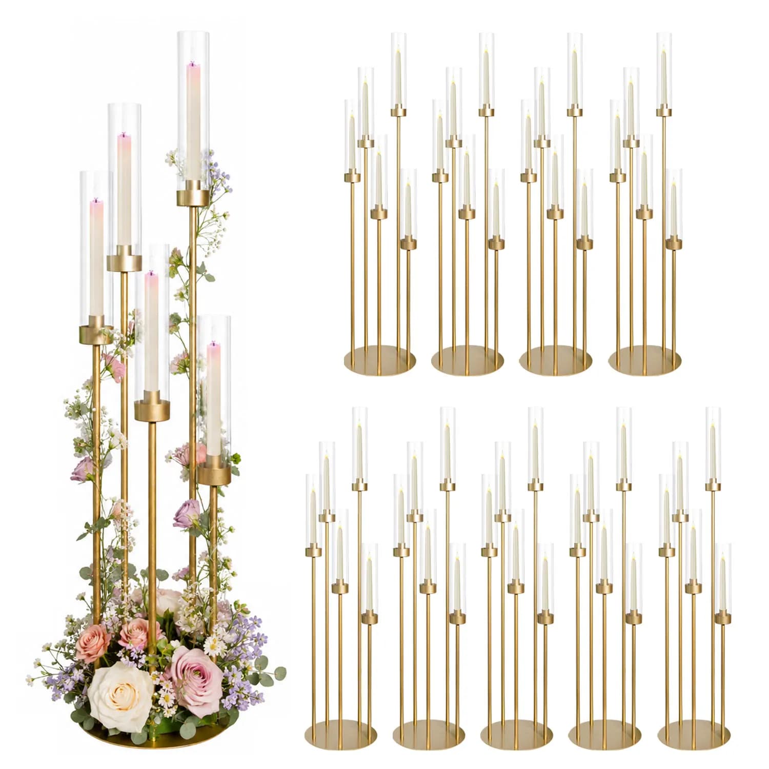 10Pcs Gold Floor Candelabra 5 Arm, Tall Candle Holder with Acrylic Lampshade for Wedding Party Home Decor, Fit LED Taper Candles