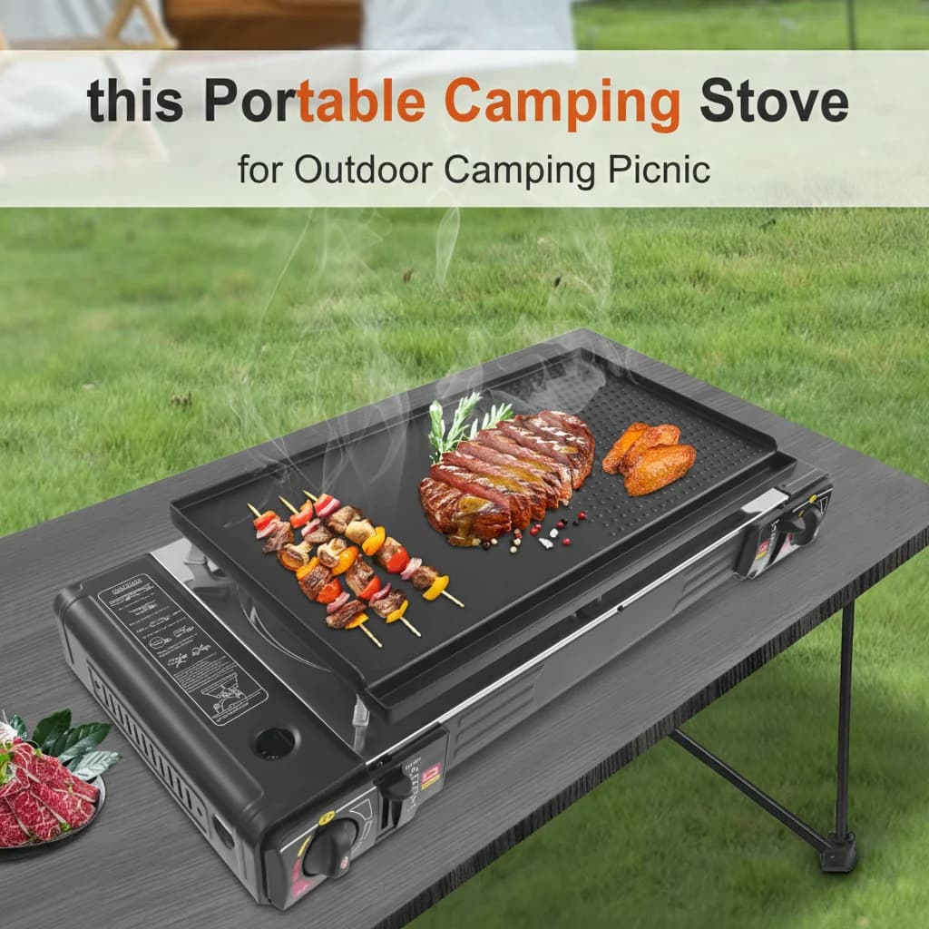 2100-2500W Portable Camping Stove, 2 Fuochi with Gas Grill and Transport Case, Ideal for Camping and Picnic at the Open