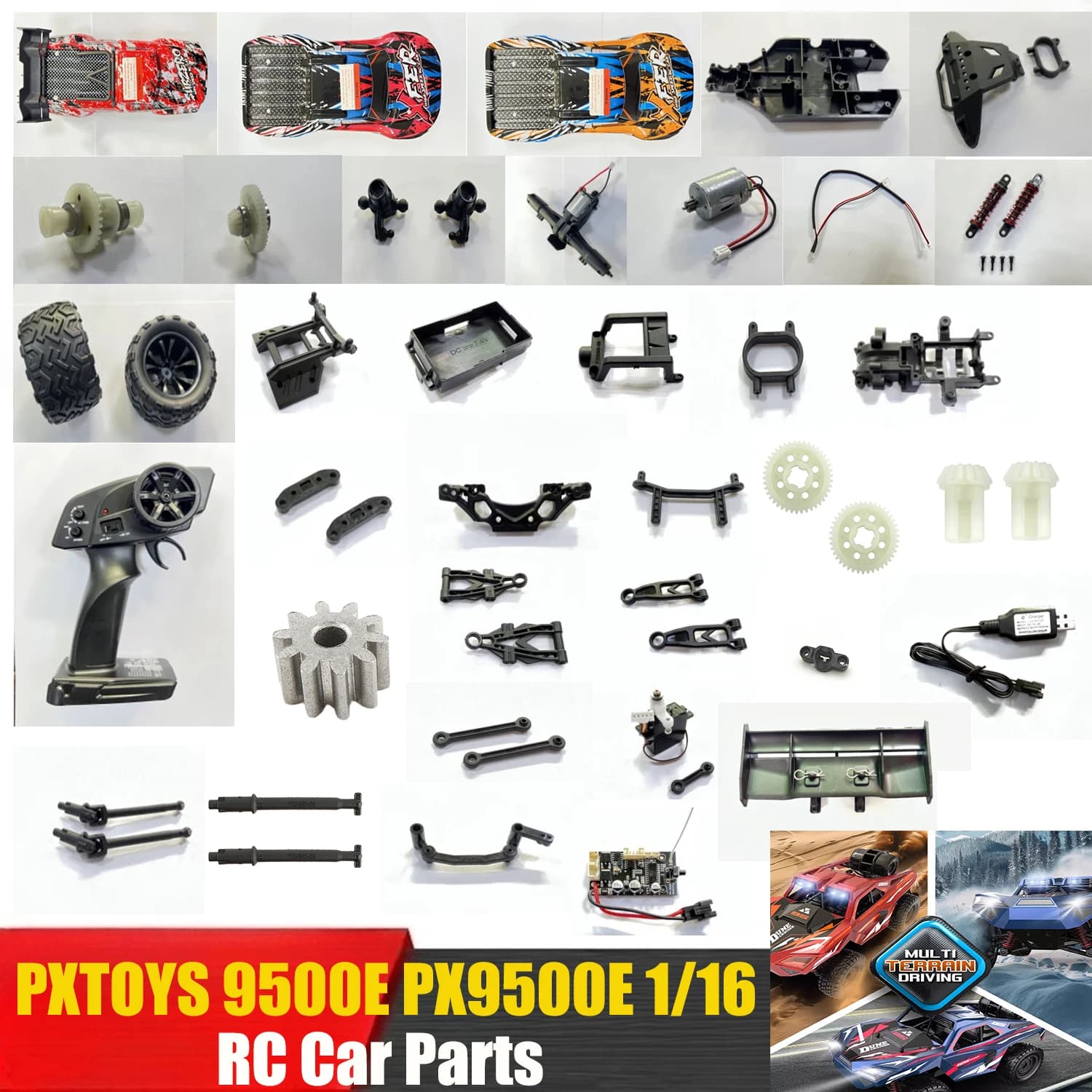 Ricambi Auto RC PXTOYS 9500E PX9500E 1/16: Carrozzeria, Motore, Telaio, Pneumatici, Servo, ESC, Braccio Oscillante, Albero di Trasmissione, Differenziale, Paraurti - 1 Set
