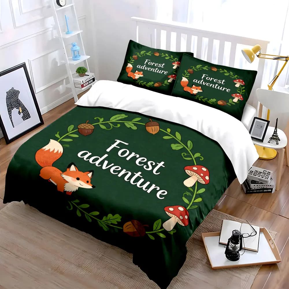 Set decorativo Forest Adventure, set di biancheria da letto con copripiumino morbido e confortevole, include 1 copripiumino e 2 federe, regalo