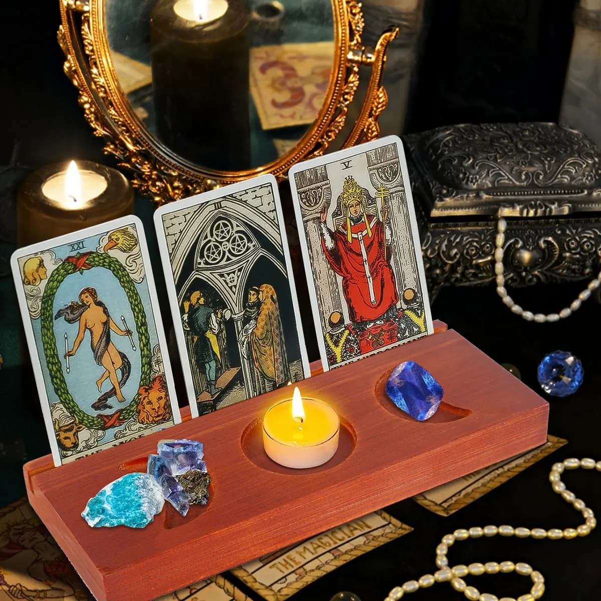 Porta carte dei tarocchi in legno Triple fasi lunari Simbolo Espositore per carte dei tarocchi Decorazione della stanza delle streghe Accessorio per la lettura di carte dei tarocchi regalo