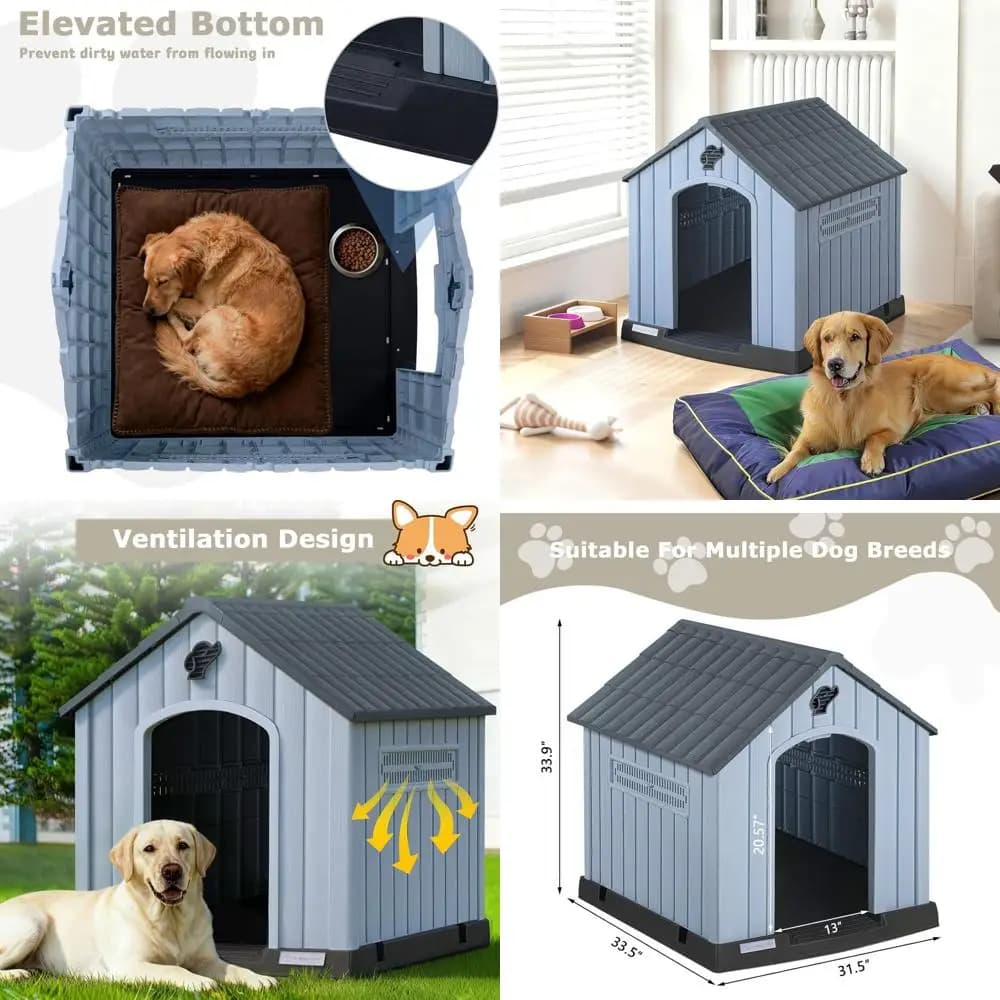 Cuccia Spaziosa in Plastica per Cani di Taglia Grande, da Interno/Esterno, Resistente alle Intemperie con Prese d'Aria, Pavimento Rialzato, Facile Montaggio (Grigio, 3