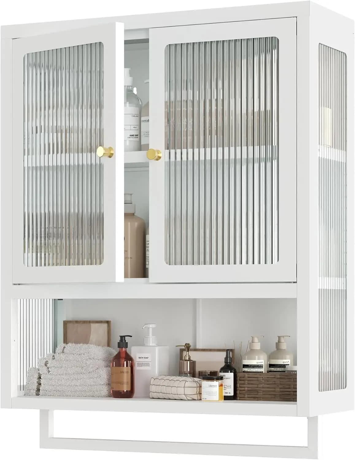 Bathroom Wall Cabinet, Medicine Cabinet Organizer With Glass Doors, Over The Toilet Wall Mounted Storage Rack With Towel Bar And Inner Shelves, Modern Kitchen Hanging Cupboard, White