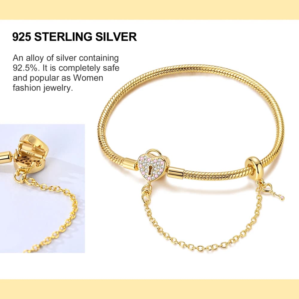 Bracciale in Argento 925 con Catena a Maglia Serpente, Cuore Dorato e Chiave e Lucchetto, per Donna, Regalo Fai-da-Te, Compatibile con Charm e Ciondoli Originali