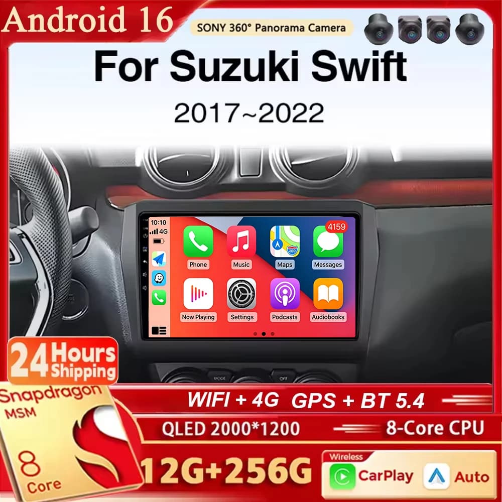Autoradio Android 16 with Navigation, Multimedia Stereo Reader, Carplay and Auto for Suzuki Swift 2017 2018 - 2021