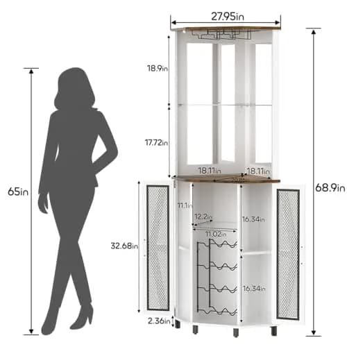 68.9 Inch Farmhouse-Style Corner Bar Cabinet With LED Illumination, Mirror Back, Adjustable Shelf, And Wine Glass Rack For