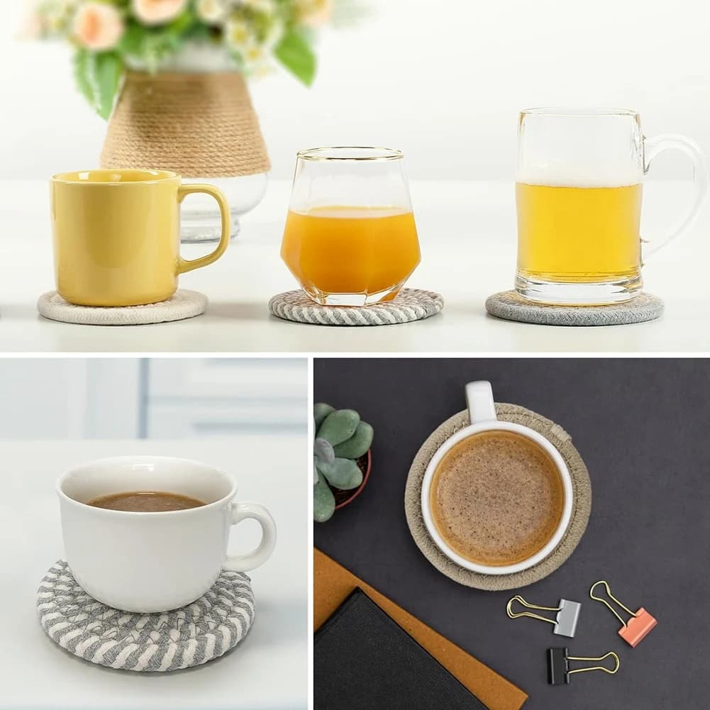 ABLQ Beverage mixers, set of supports for baskets in marine algae, 10 pieces Boho absorbent cups for coffee table, large hand woven basket