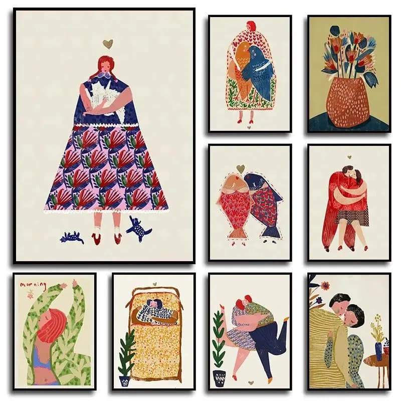 Quadri Astratti Donna Uccello Gatto Fiore Pesce Coppia, Poster e Stampe Nordiche con Pittura Diamantata, Immagini da Parete per Soggiorno