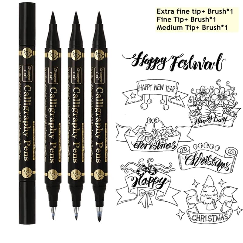 3 pcs/lot Double head Hand Lettering Pens Chinese Calligraphy Brush Pens Set Art Markers Black Ink 4 Size for Beginners Writing