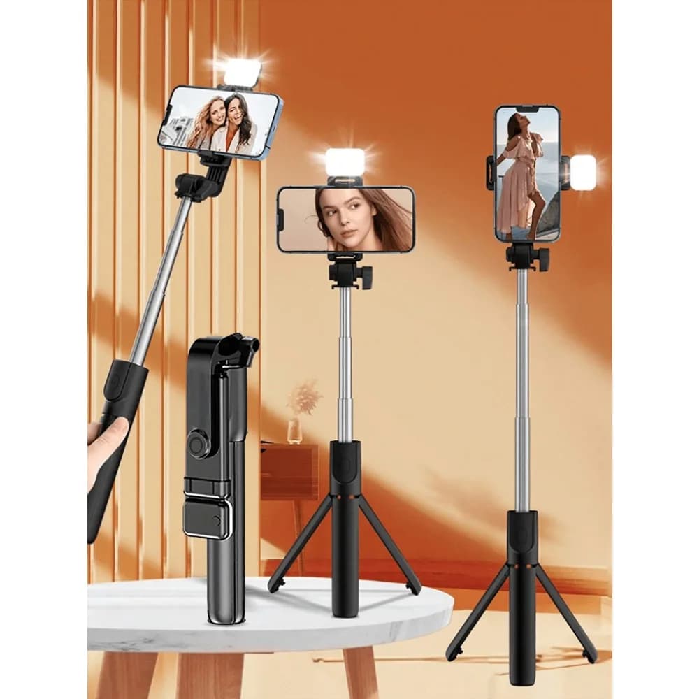 1 selfie stick portatile con telecomando wireless e luce, treppiede estensibile e portatile per telefono con telecomando, compatibile con iPhone 15/14 Pro Max/13/12/11, smartphone Android, nero/rosa/bianco, per fotografia e registrazione video, per live streaming.