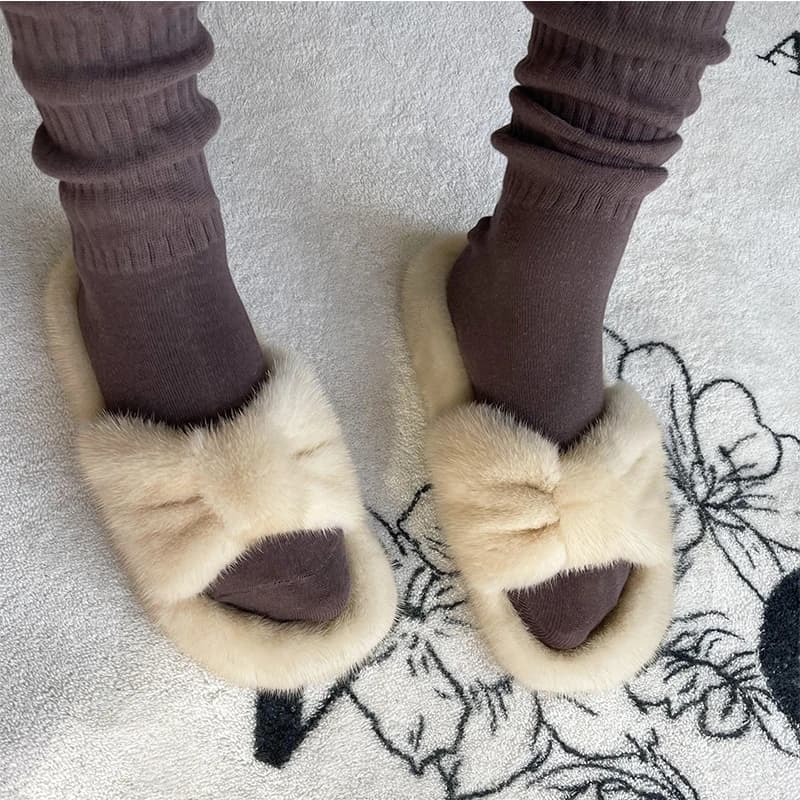 2026 Luxury New Women Mink Fur Slippers Adult Women Bow Solid Plush Slippers Head Flat With Fur Mink Slippers
