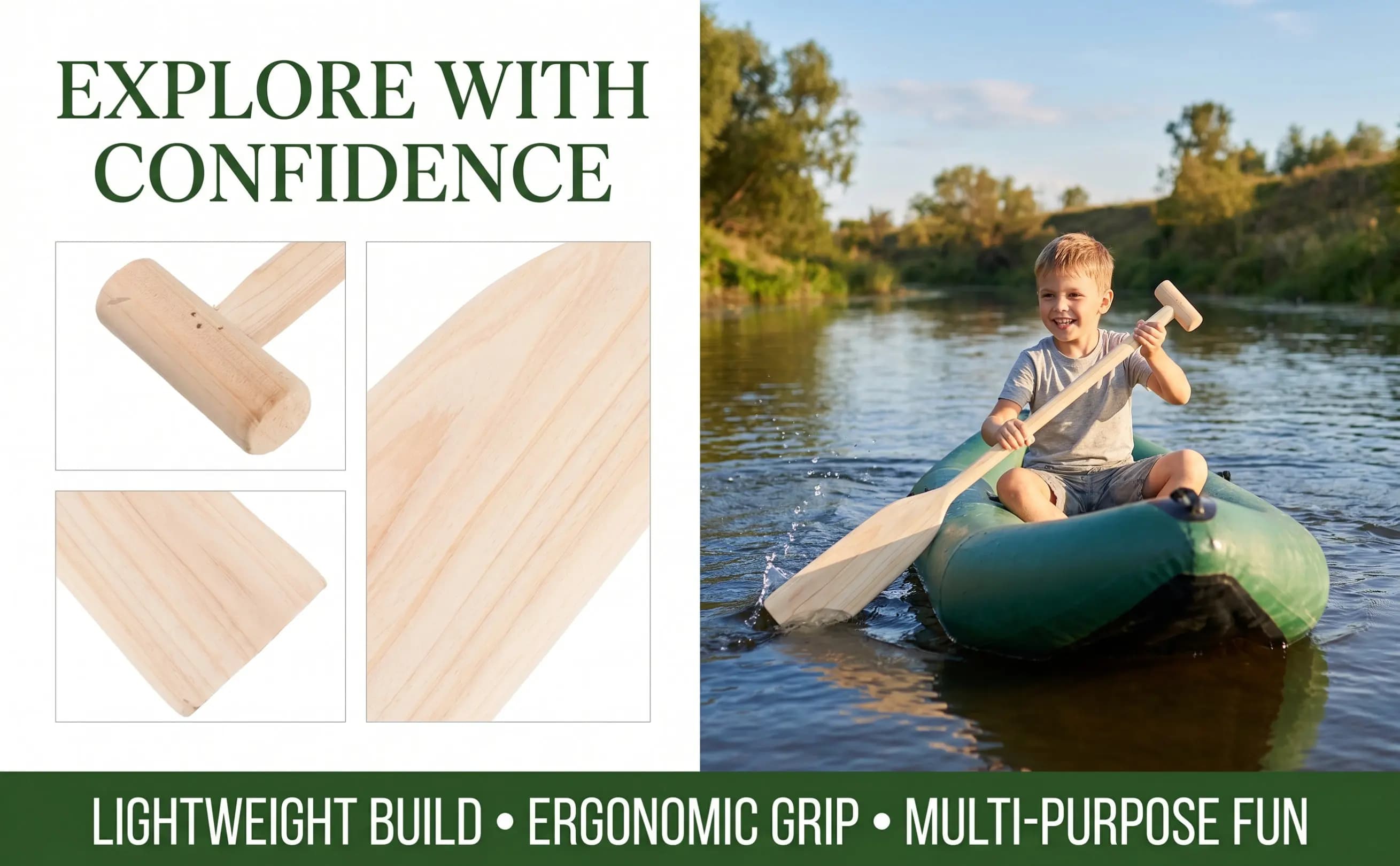 Natural Wood Paddle Unisex Lightweight Sturdy Construction Ergonomic T Shaped Handle Ideal for Canoeing Kayaking Boating and
