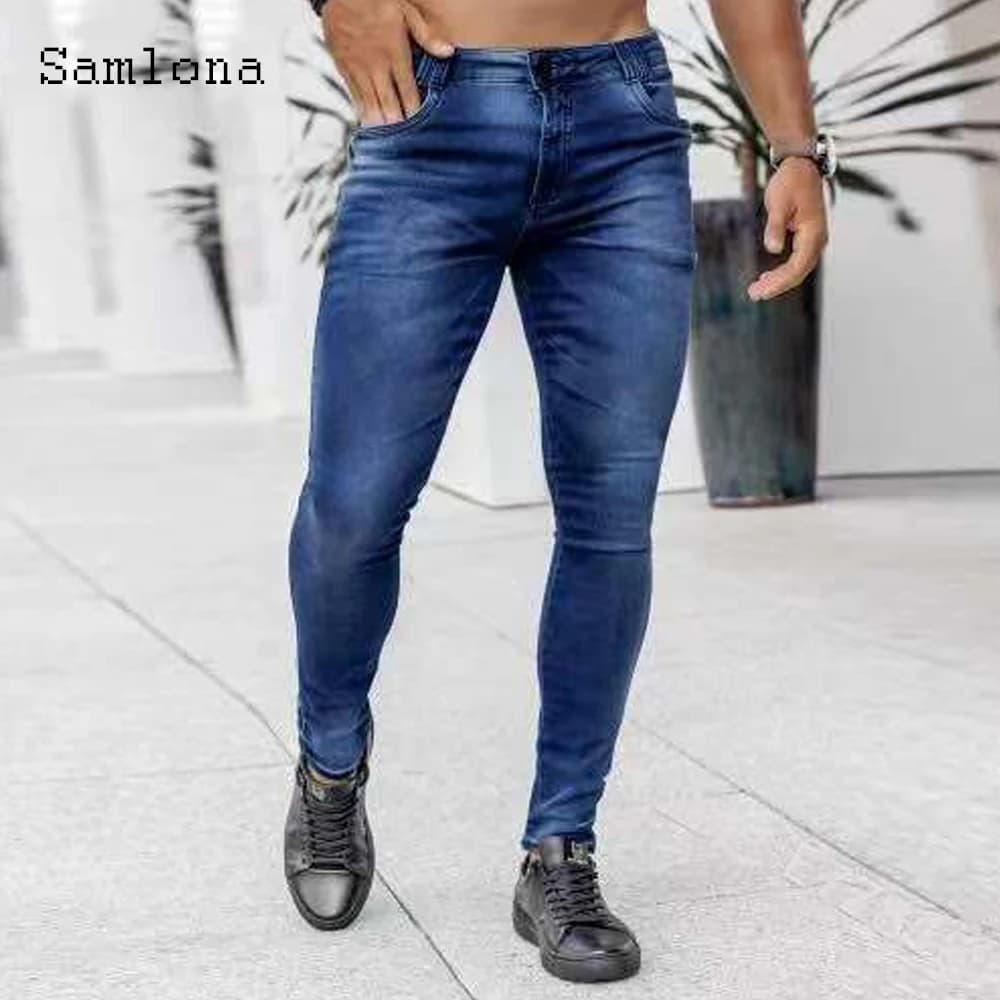 Samlona Jeans Mens Fashion Skinny Denim Pant Male Streetwear 2023 New Patchwork Demin Pants Sexy Jeans Blue Grey Pencil Trouser