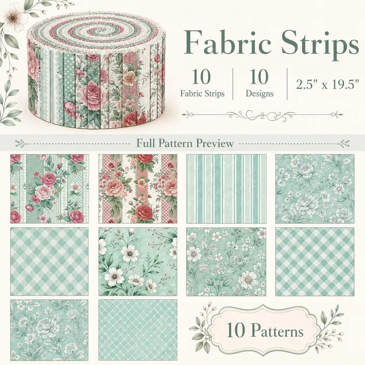 10pcs Floral Blue Pattern Jelly Roll Fabric Strips 2.5X19.7inch Pre-Cut Polyester For Patchwork Quilts, Table Runners, Placemats