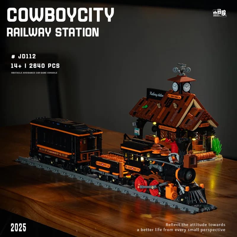 Set di blocchi di costruzione Western Cowboy Town Boy Puzzle Assemblaggio Stazione ferroviaria leggera Casa Scena di strada Blocchi di costruzione