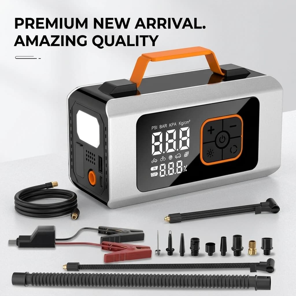 Jump Starter with Air Compressor, 12V Portable Car Battery Starter & Tire Inflator, LED Display, Fast Inflation, 80W