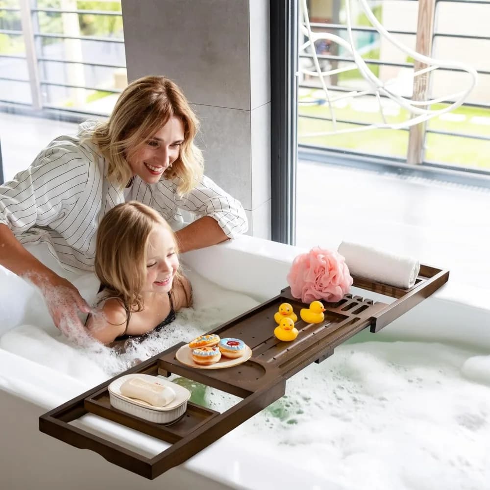 Vassoio da bagno pieghevole in legno con manici espandibili, bicchiere da vino e supporto per telefono - Accessorio spa in teak naturale per il relax