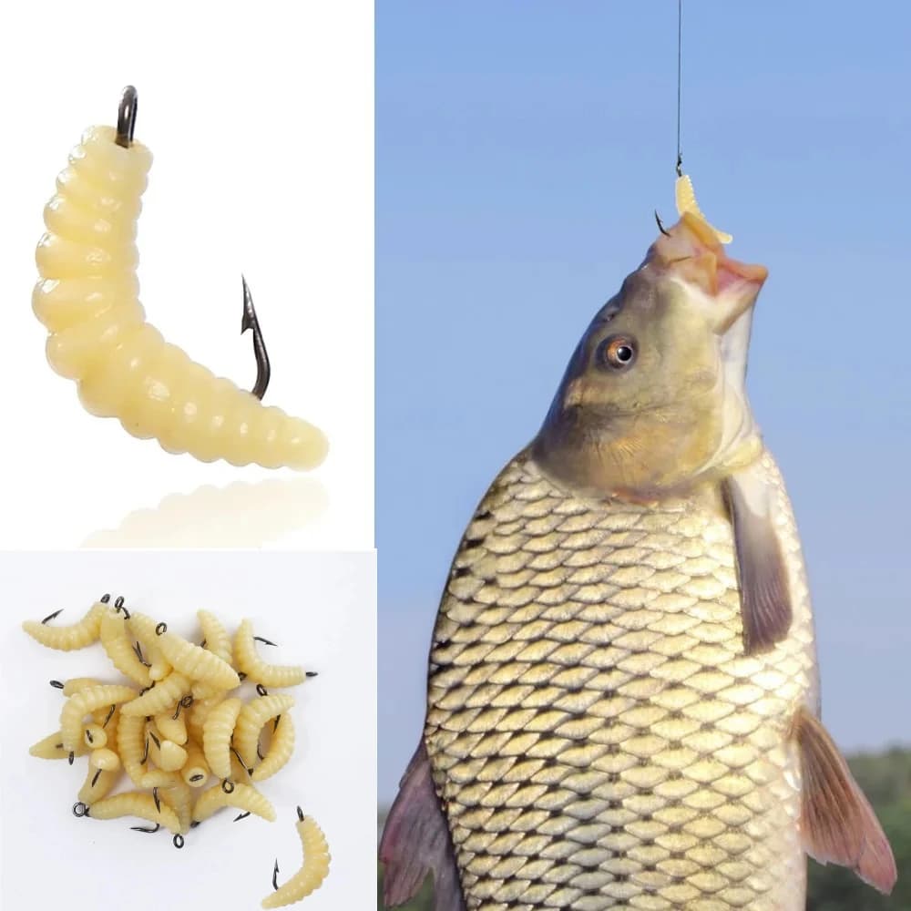 Soft Maggot Fishing Lure Set Lifelike Bionic Grub Baits with Hook for Multiple Freshwater Fish Durable Rubber Lake River 30Pc