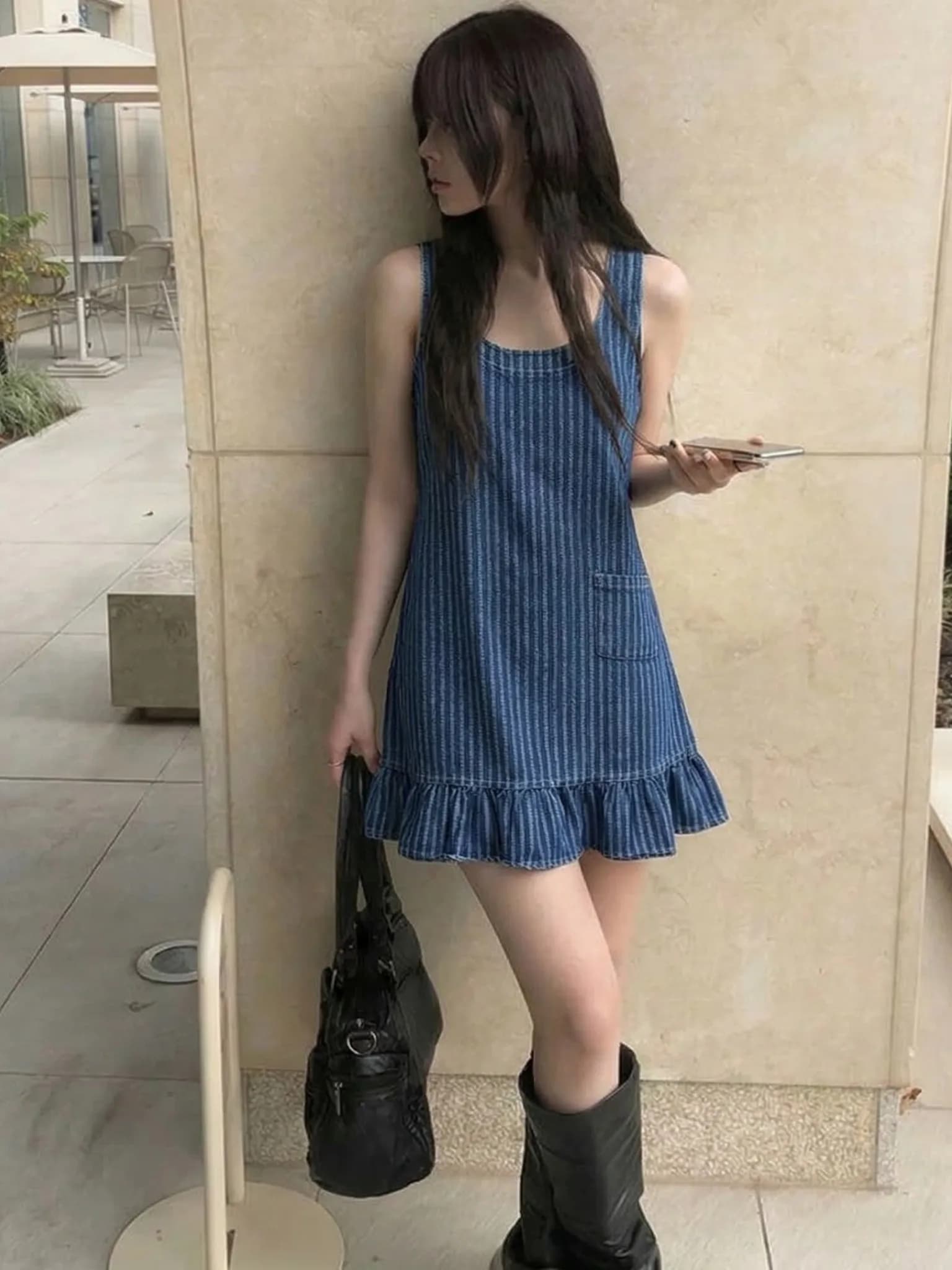 Sexy Washed Denim Dress Comfortable A-Line Skirt Style Women's Fashion Summer Dress Chic Dongda Gate Short Sleeve Princess Dress