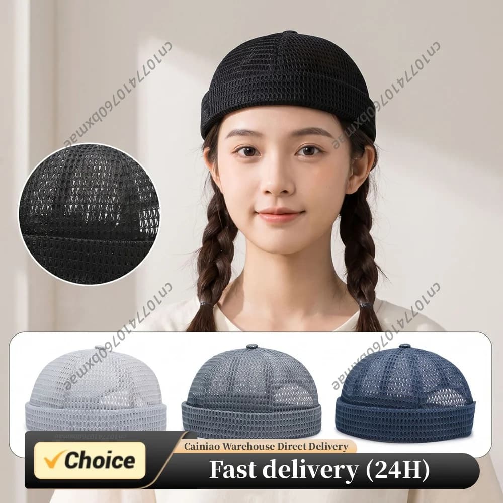 2pcs Mens Mesh Brimless Cap Lightweight Breathable Brimless Hat Adjustable Hip-Hop Beanie Skull Cap