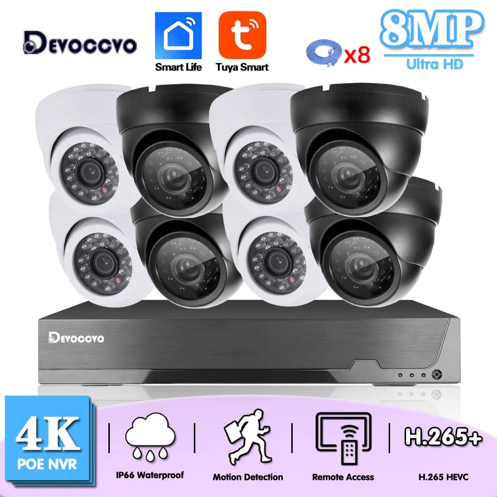 Smart Life 4K 8MP POE Sistema di telecamere IP di sicurezza 8CH P2P AI Kit di videosorveglianza Home esterno 8MP Telecamera IP Dome CCTV Nvr Set