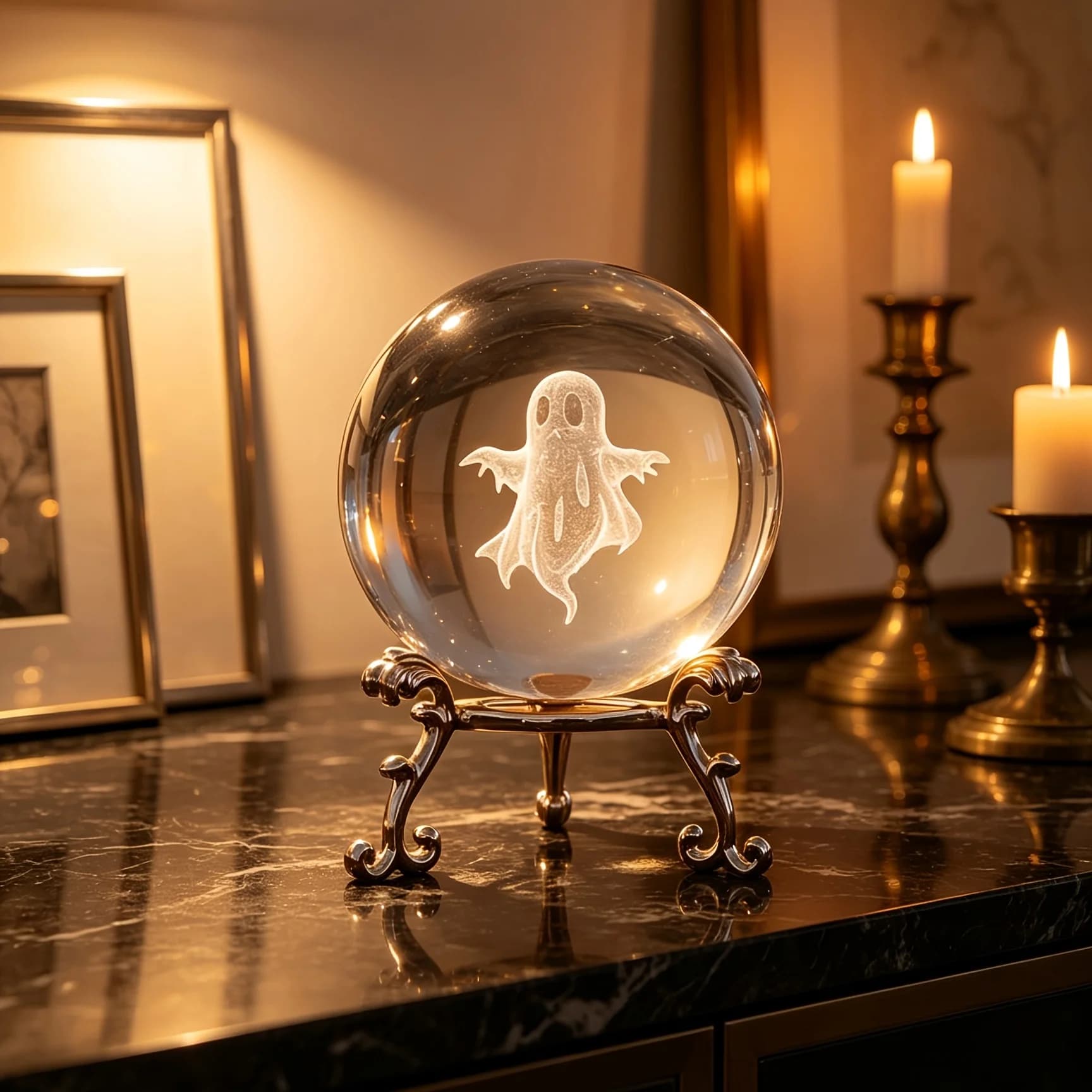 Ghost Engraved Crystal Ball, Spooky Halloween Gift, Crystal Engraved Little Ornament with Base - Gothic Tabletop Decoration.