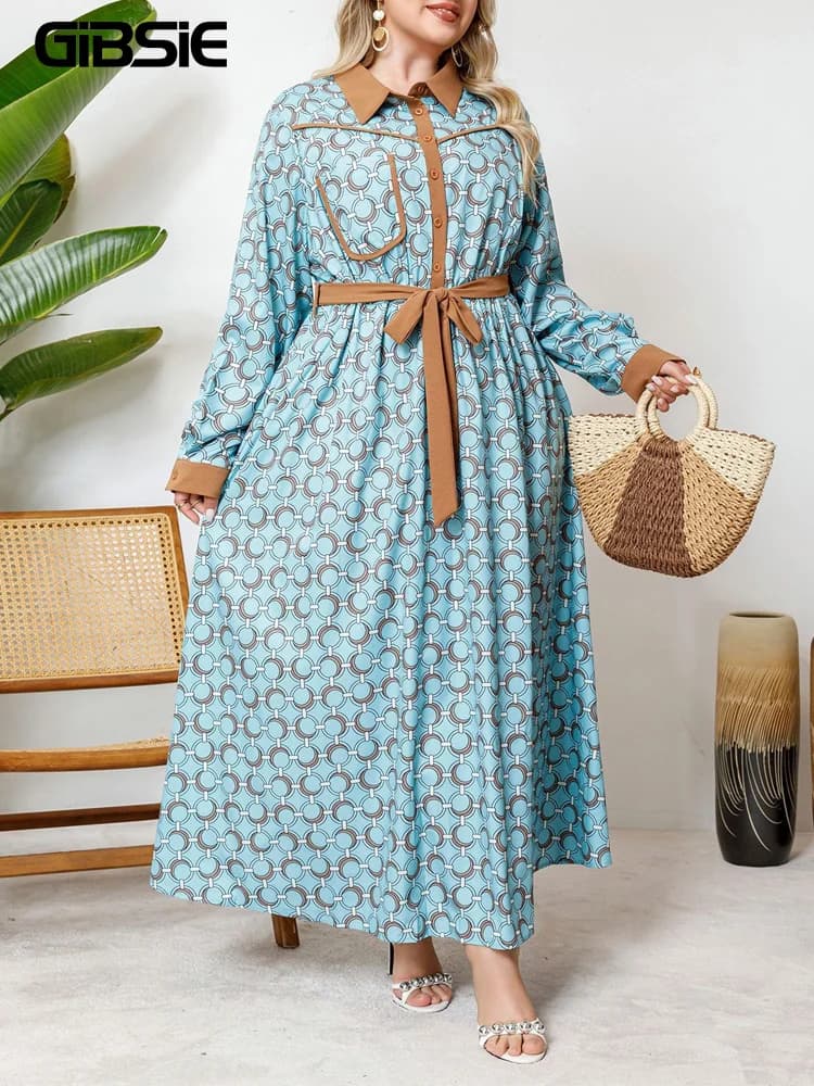 GIBSIE Abito chemisier taglie forti con stampa e cintura, da donna, Primavera Autunno 2026, elegante, a maniche lunghe, maxi abito a ampia gonna