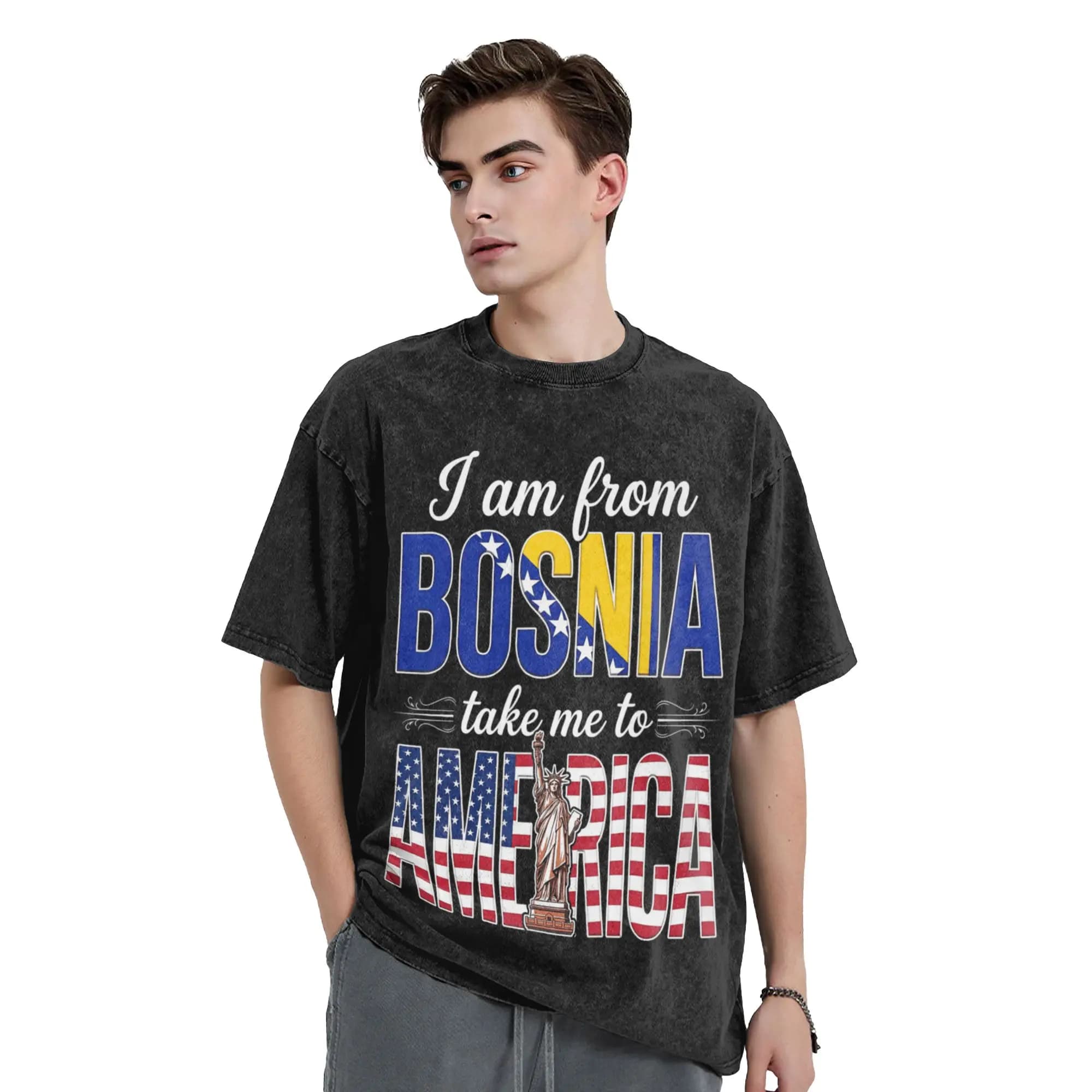 Vintage I Am from Bosnia Take Me to America Bosnian T-Shirts Men Round Washed T Shirt Short Sleeve Tee Shirt Party Clothing