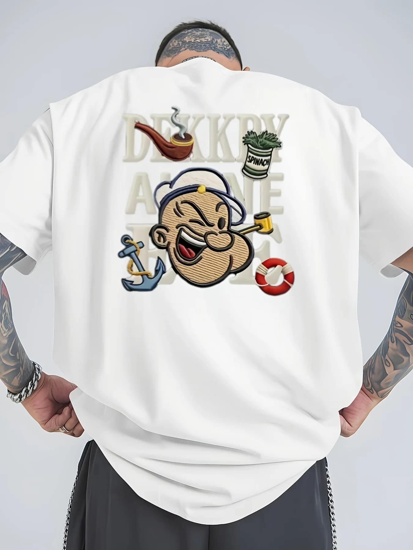 Popeye Fun Printed Men's T-shirt American Retro Cartoon Back Printed Loose Short Sleeved Top