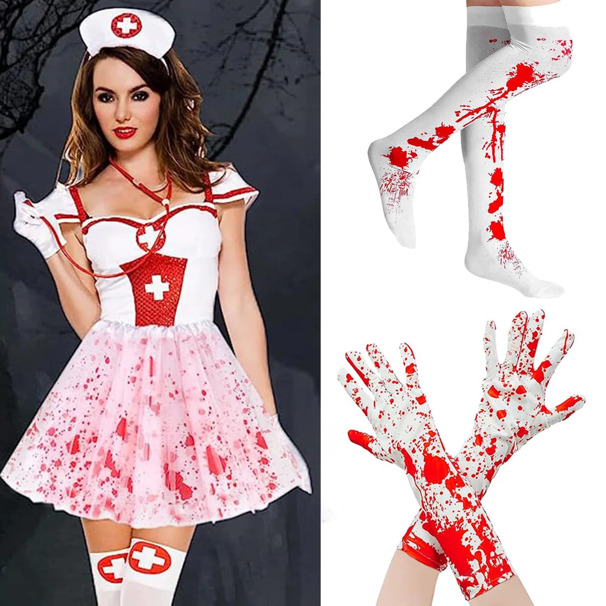 Grembiule insanguinato di Halloween Guanti Calzini Puntelli a tema Halloween Vestito operato Grembiule spaventoso Costume stampato horror Accessori cosplay