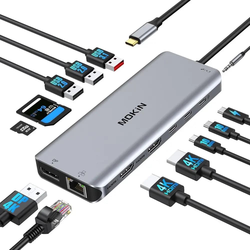 USB-C Laptop Docking Station: Triple Display, Dual HDMI 4K, DP, 13-in-1 Hub with USB 3.1, RJ45, 100W PD, Card Reader, Audio/Mic