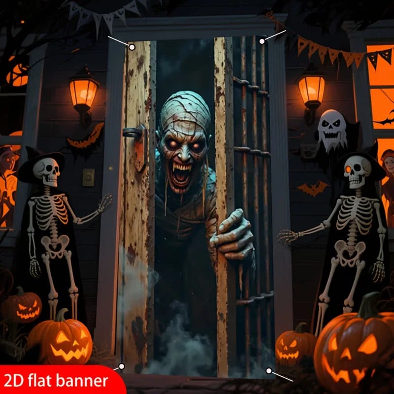 1 piece of 2D flat banner, 2D sign, 1 piece of Halloween curtain - Horror monster peeping design