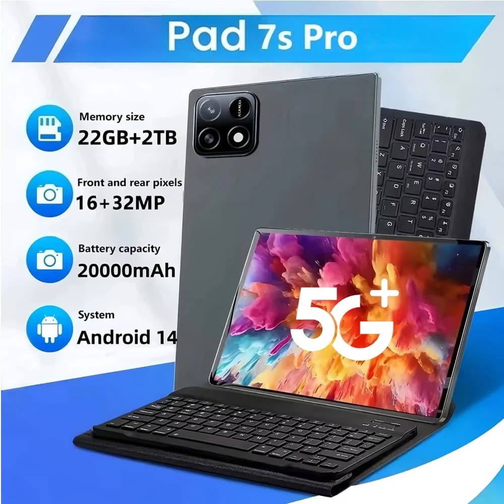 Tablet Originale 2026 Pad 7s Pro Android 14 Versione Globale 22GB+2TB, Tablet PC 20000mAh 5G Dual SIM WiFi per Bambini