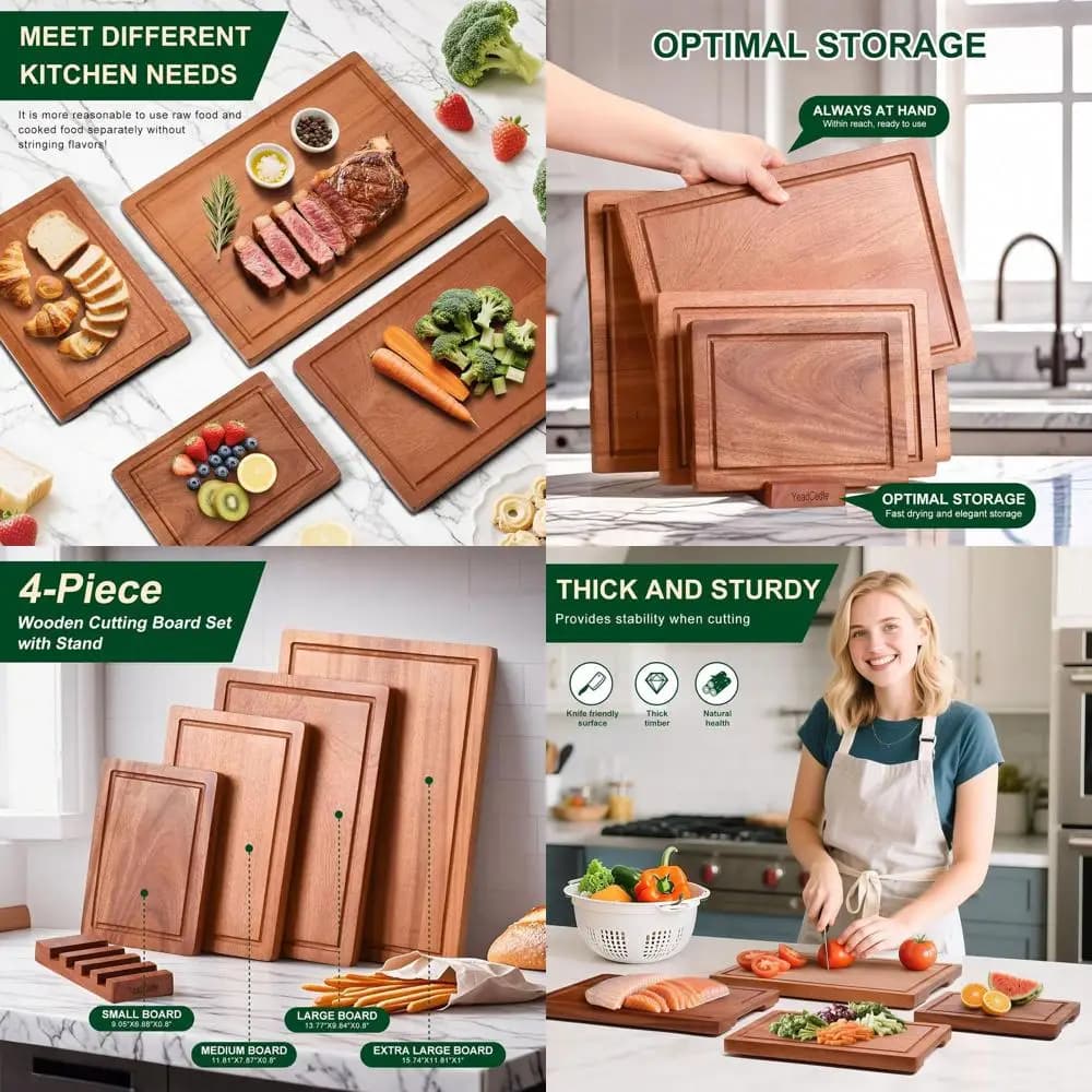 Set of 4 cutting boards for wood Non-toxic soap with support, from 9x7 to 16x12, brown
