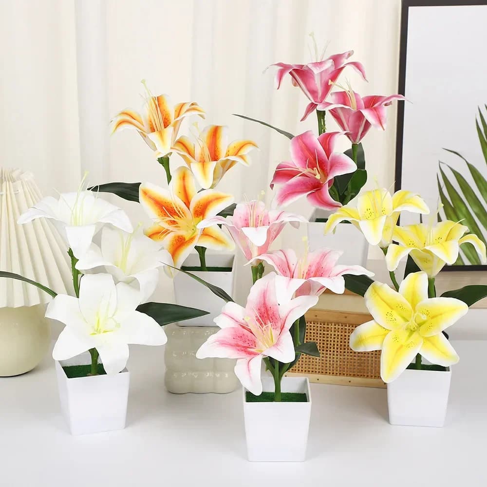 Pianta Artificiale in Vaso, Fiore di Giglio, Bonsai, Fiori in Vaso, Albero Simulato, Ornamenti per Casa e Ufficio, Decorazione da Tavolo, Piante Finte