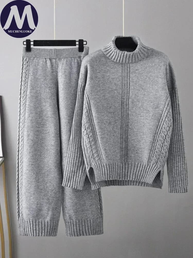 Women's Turtleneck Knit Sweater And Coat Set Casual Loose Elastic Waist Wide-leg Pants 2-Piece Autumn Winter Outfit