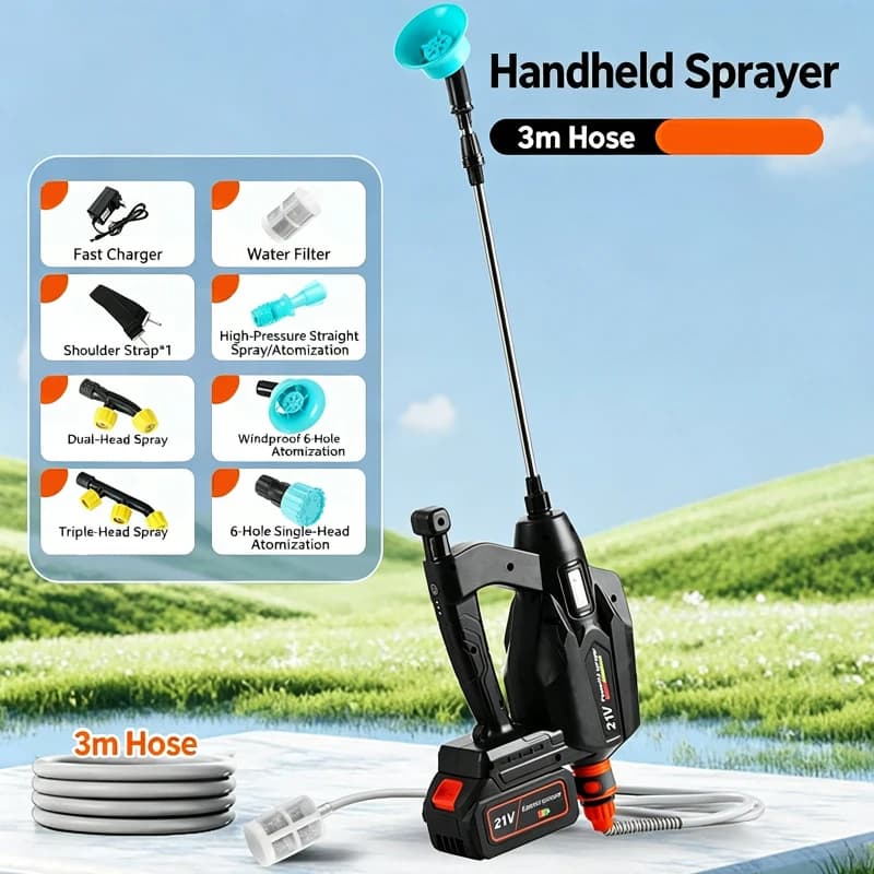 Spruzzatore Elettrico Portatile ad Alta Pressione Ricaricabile con 5 Ugelli + Tubo da 3M per Irrigazione Giardino e Piante