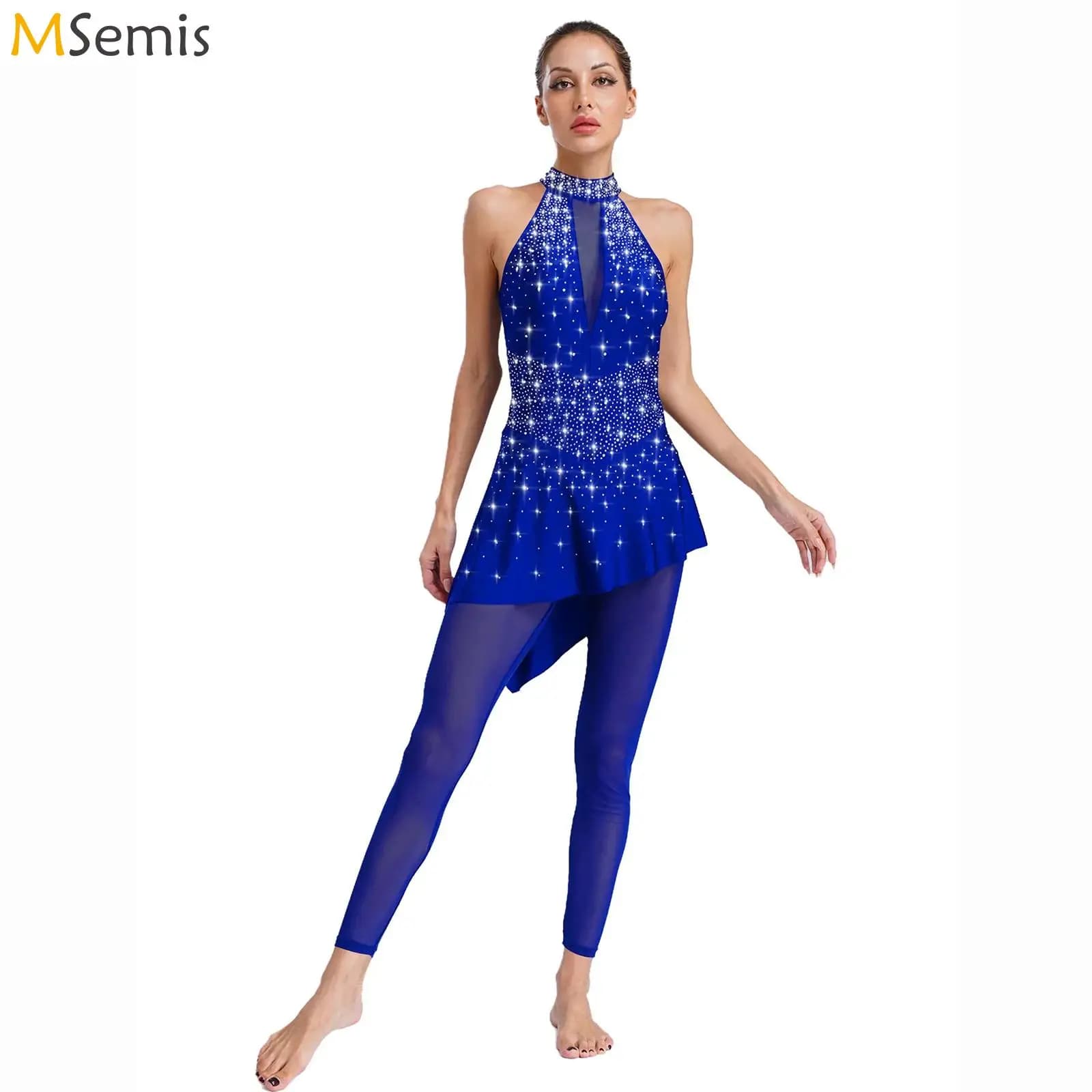 Costume da ballo di pattinaggio di figura da donna Strass lucidi Ginnastica Body con gonna Tuta senza maniche Maglia trasparente Balletto Dancewear